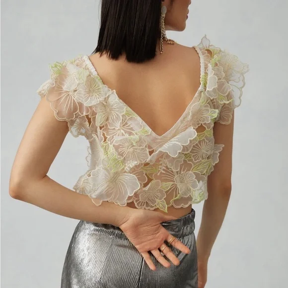 By Anthropologie Sheer Appliqué Top - Picture 3 of 7